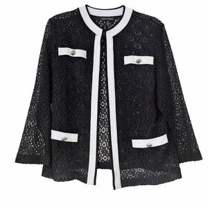 Ming Wang Black Lace Top with Silver Statement Button – Size Medium